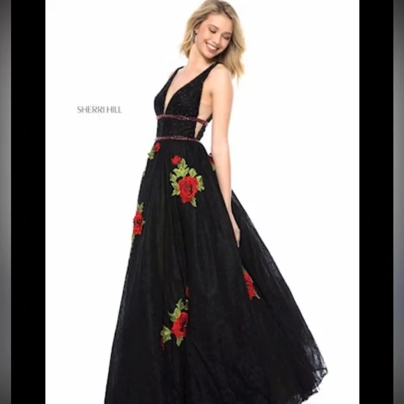Sherri Hill Black Dress with Red Floral Accents - Picture 1 of 2